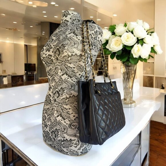 CHANEL Shopper Bag Double Chain Quilted Black Lambskin Large Tote CC Authentic - Picture 10 of 16